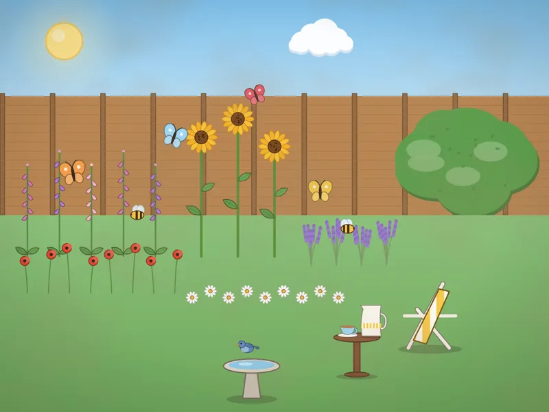 A summer flower border along a wooden fence: foxgloves, sunflowers, daisies, poppies and lavender, butterflies and bees, a striped deckchair under a tree, a jug of lemonade on a little table, a hedgehog and a bird bath.