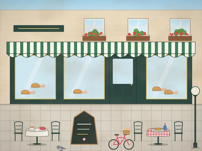 A café with a striped awning and big windows, round tables with cups and plates on the pavement, bistro chairs, flower boxes, a chalkboard sign, a bicycle with a basket of flowers, a lamp post and pigeons.