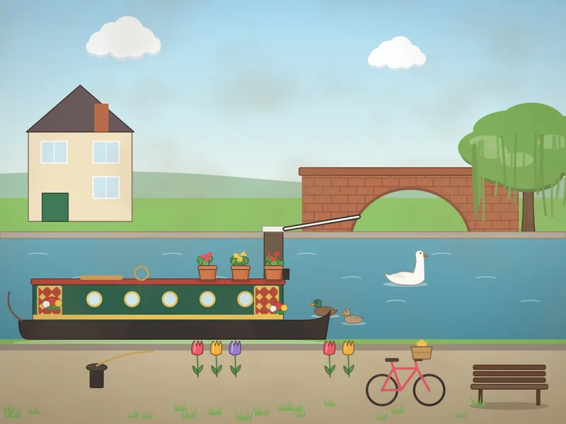 A canal on a summer afternoon: a green narrowboat with painted panels and flower pots on its roof, a lock gate with a white balance beam, a brick humpback bridge, a weeping willow, a lock keeper’s cottage, swans and ducks, a towpath with a bicycle and a bench.