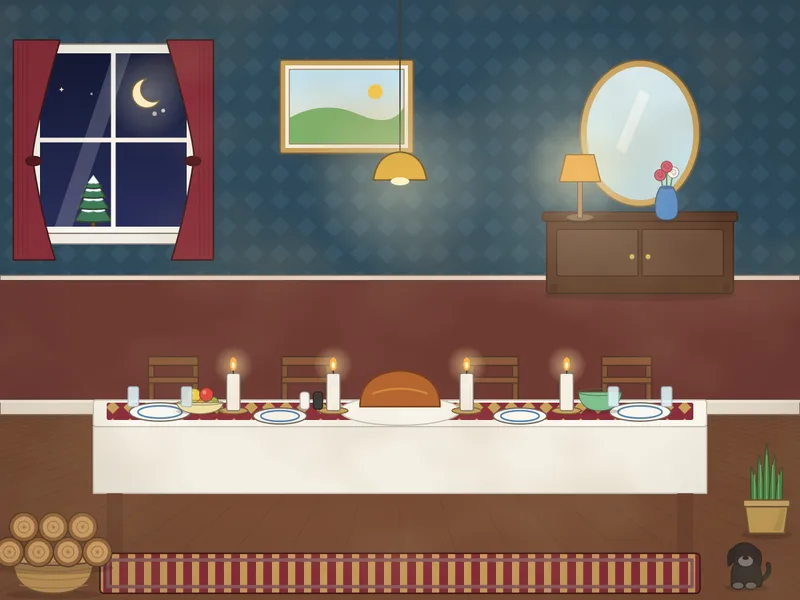 A dining room in the evening: a long table with a white cloth and a runner, candles, plates, glasses of water, a roast on a platter, bowls of vegetables and a bowl of oranges, chairs, a sideboard with a lamp and a mirror, a picture, a dark window, a basket of logs, a dog and a cat under the table.