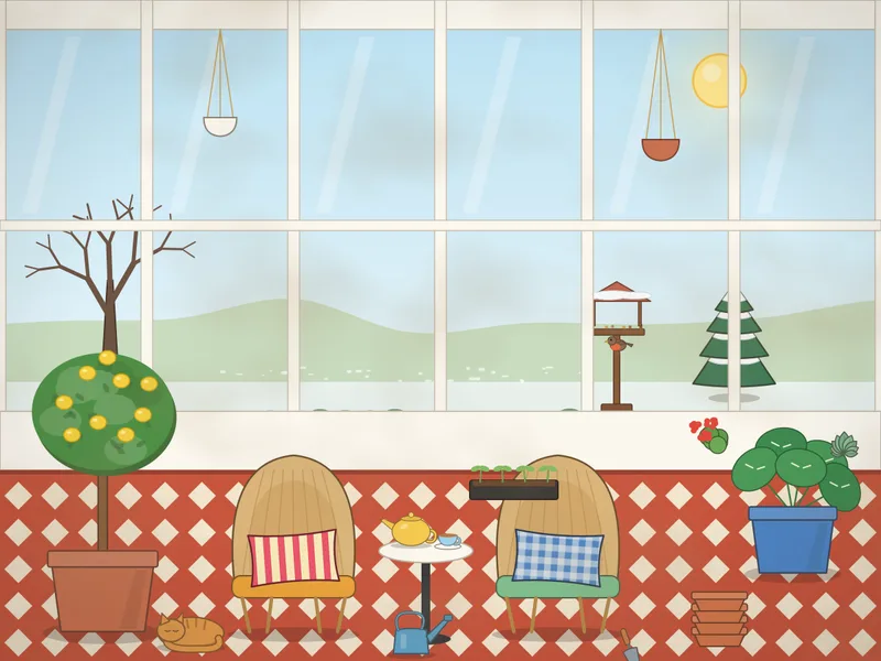 A sunny conservatory with tall glass windows onto a frosty garden: a lemon tree in a big pot, a monstera and hanging plants, two wicker chairs with cushions, a little round table with a teapot, a watering can, stacked pots, a cat asleep in the sun and a robin outside.