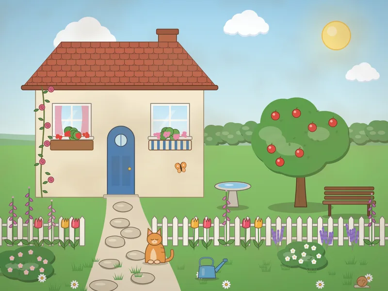 A cream cottage with a blue door and climbing roses, a picket fence with flower borders, an apple tree, a birdbath and a ginger cat on the path.