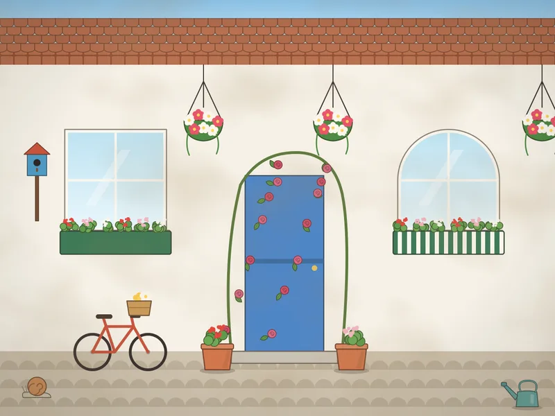 The sunny front of a whitewashed cottage: a blue stable door, two windows with flower boxes, hanging baskets of trailing flowers, a climbing rose over the door, pots of geraniums on the step, a bicycle against the wall, a cat on the sill and a bird house.