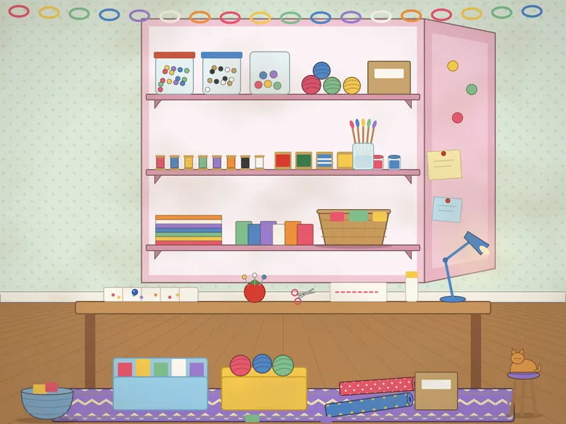 An open craft cupboard with three crowded shelves: jars of buttons and pom-poms, reels of thread and ribbon, balls of wool, paint pots, brushes, paper stacks and felt squares; below it a craft table with a bead tray, a tomato pincushion, scissors, a paper chain and a lamp, and a cat on a stool.