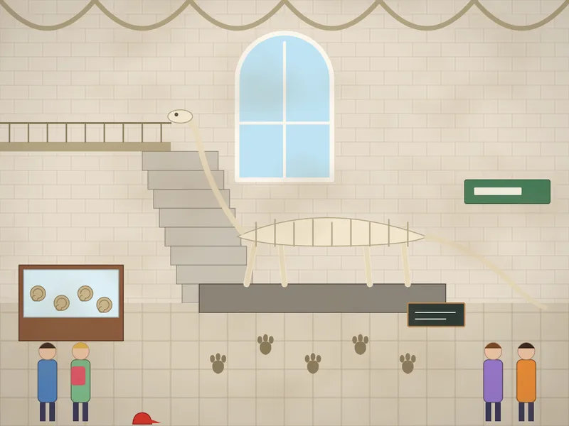 A grand museum hall with arched windows: a big long-necked dinosaur skeleton on a plinth, glass cases of fossils and ammonites, a footprint trail on the floor, an information board, a staircase with a balcony, visitors with backpacks and a gift-shop sign.