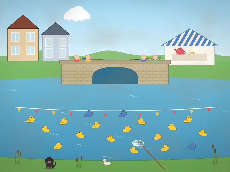 A river in a village on race day: dozens of yellow rubber ducks floating downstream, a stone bridge with people leaning over, a finish line rope with flags, a net, a riverbank with bunting, a tea tent, a heron, reeds and a real duck watching.
