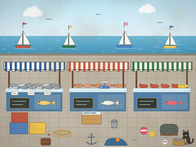 A harbour fish market in the morning: stalls under striped awnings with crates of fish on crushed ice, crabs and lobsters, lemons, scales and price cards, stacked crates, coiled ropes, buoys and lobster pots on the quay, fishing boats with flags behind, an anchor, a barrel, a heap of nets, gulls and a cat waiting for scraps.