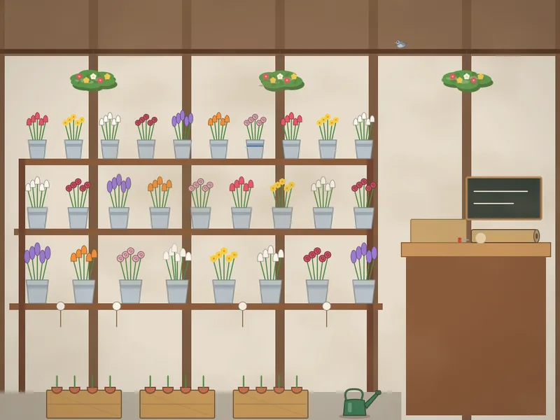 A covered flower market: tiered stands of zinc buckets crammed with tulips, daffodils, roses and hyacinths, price cards on sticks, a wrapping counter with brown paper and string, a till, a chalkboard, hanging baskets, a watering can, crates of potted bulbs and a pigeon on a beam.