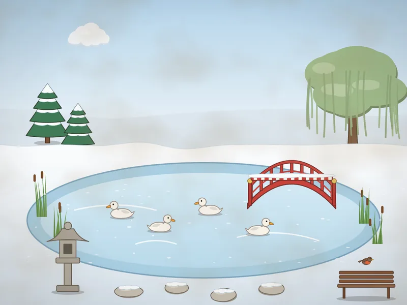 A frozen garden pond: ducks standing on the ice, frosted reeds and grasses, a small red wooden bridge, a stone lantern, a heron on the bank, a weeping willow, snowy stepping stones and a bench, under a pale blue sky.