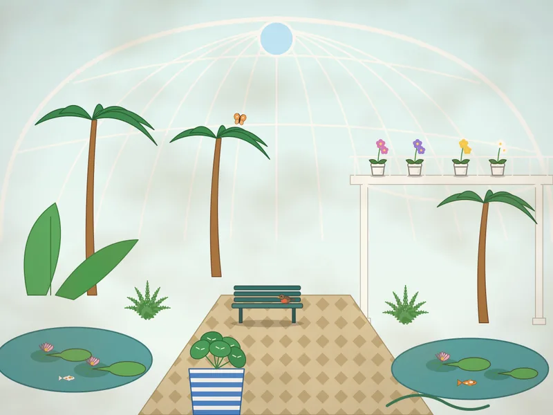 Inside a warm Victorian glasshouse with a curved glass roof: tall palm trees, banana leaves, a pond with giant lily pads and fish, orchids in pots, a raised white walkway on pillars, a bench, a big blue plant pot, a watering hose, butterflies and a robin.