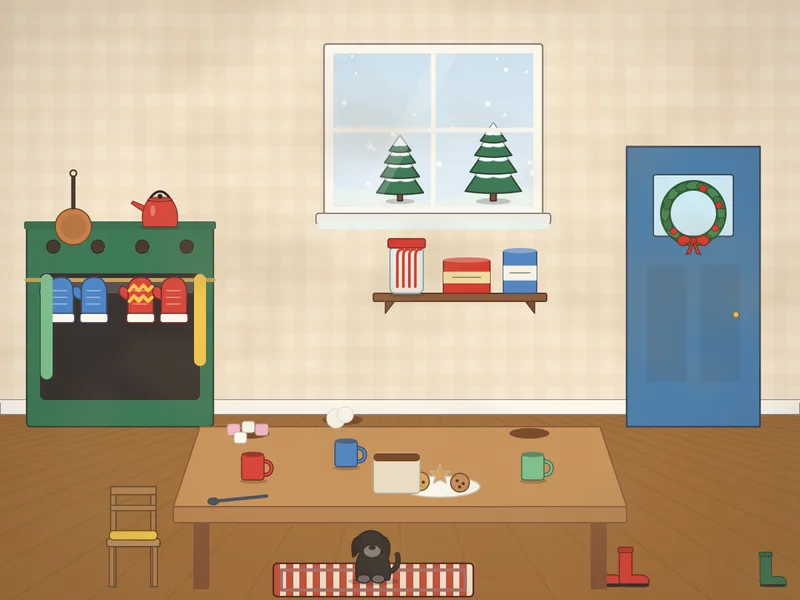 A warm kitchen after a snowy walk: a table with mugs of hot chocolate topped with marshmallows and cream, a pan on the stove, a plate of biscuits, a jar of candy canes, mittens and a scarf drying on a rail, wellies by the door, a snowy window and a dog asleep on a mat.