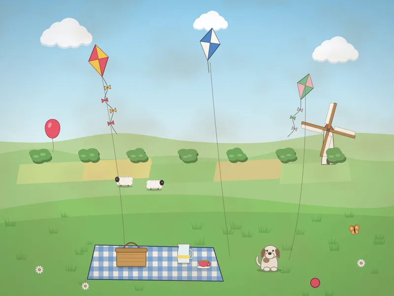 A grassy hilltop on a windy day with three colourful kites in the sky, a picnic blanket with a hamper and lemonade, sheep grazing, a windmill and patchwork fields in the valley, a dog chasing a ball and a red balloon.