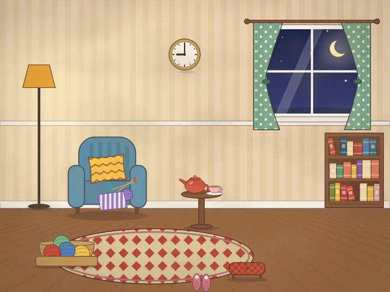 A sitting room in the evening: an armchair with a cushion under a standing lamp, a basket of wool balls, a half-knitted scarf on needles, a side table with a teapot and cup, a footstool, a bookcase, a wall clock, a dark window with a crescent moon and a cat.