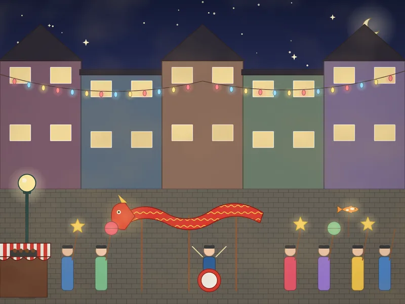 An evening lantern parade along a cobbled street: people carrying glowing paper lanterns shaped like stars, moons, fish and balls, a big dragon lantern carried on poles, a drummer, strings of lights between the houses, faces at lit windows, a lamp post and a stall selling hot chestnuts.