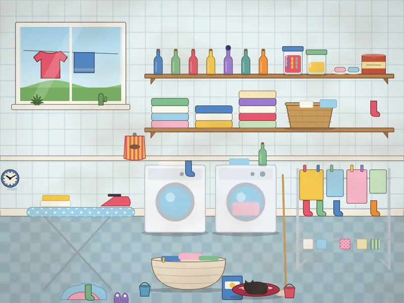 A tiled laundry room: a washing machine and a tumble dryer, shelves of bottles, jars of pegs and stacks of folded towels, a clothes airer hung with socks, shirts and flannels, an ironing board with an iron, a laundry basket, a window onto a garden washing line and a cat in a basket.