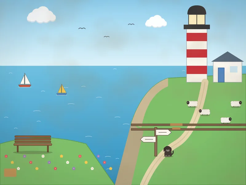 A clifftop on a breezy day: a red and white striped lighthouse with a keeper’s cottage, a winding footpath with a stile and a signpost, sheep grazing, wildflowers, a bench with a view, sailing boats and a ferry on the sea, gulls overhead and a walker’s dog.