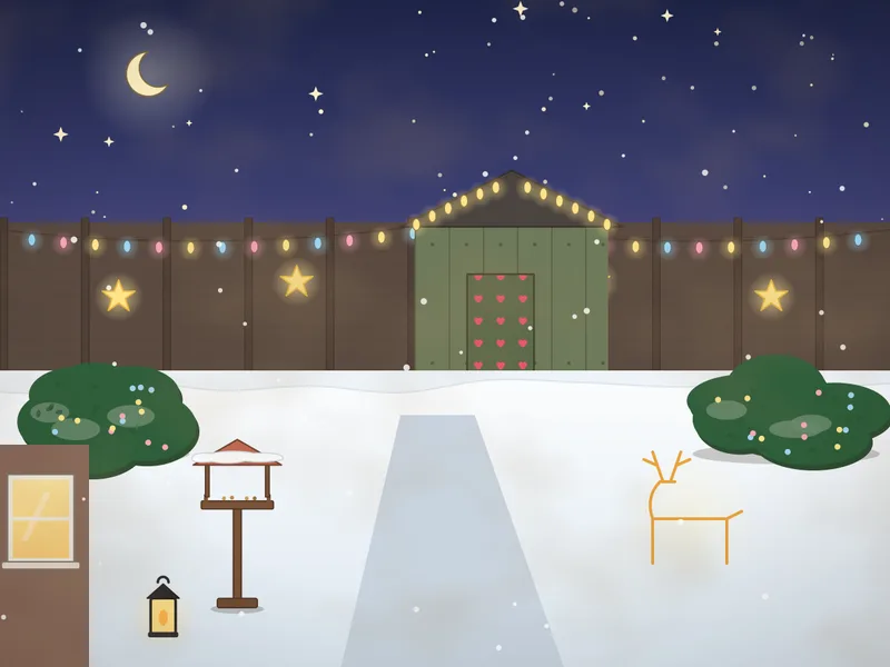A back garden on a winter evening, lit up with fairy lights: lights strung along a shed and fence, glowing star decorations, light-wrapped bushes, a wire reindeer of lights, a snowy lawn, a bird table, a lit window of the house and a cat watching from the path.