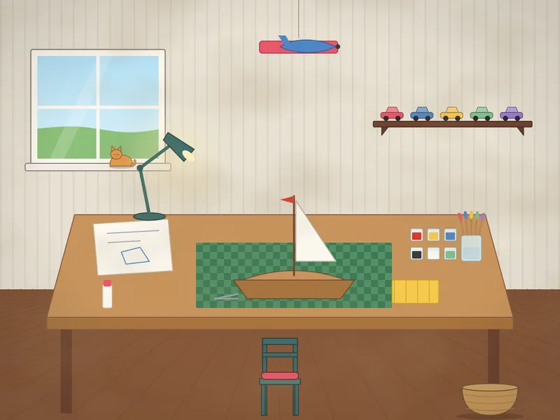 A hobby desk under a lamp: a model sailing boat half built on a stand, sheets of instructions, tiny paint pots, brushes in a jar, tweezers, glue, a cutting mat, a box of small parts, a ruler, a finished model plane hanging from the ceiling, a shelf of model cars and a cat on the windowsill.