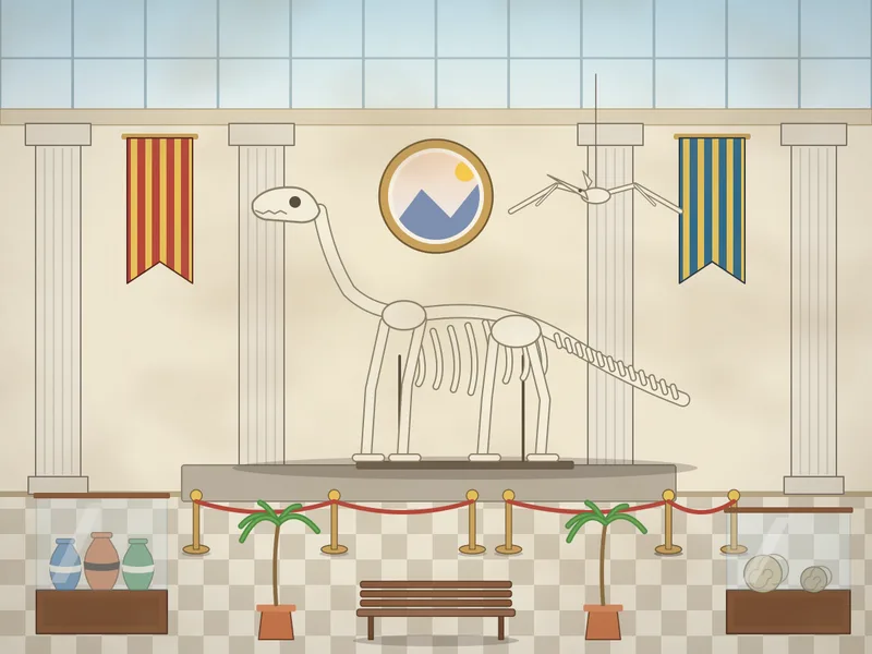 The great hall of a museum: a long-necked dinosaur skeleton on a plinth behind a rope barrier, a flying reptile skeleton overhead, stone columns, a glass roof, display cases with vases and fossils, paintings in gold frames, hanging banners, a bench and potted palms on a chequered floor.