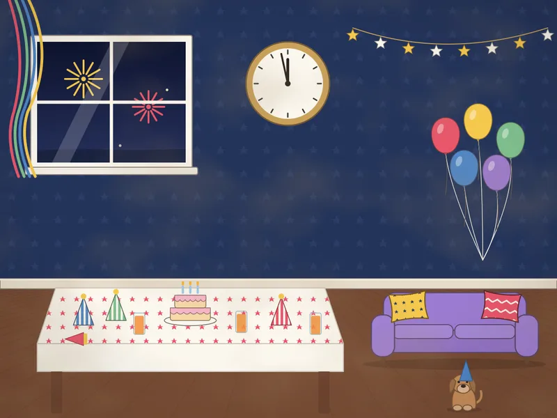 A living room ready for New Year’s Eve: balloons and paper streamers, a big wall clock near midnight, a table with party hats, poppers, a cake and glasses of juice, a garland of stars, a sofa, a window with fireworks and a dog in a party hat.