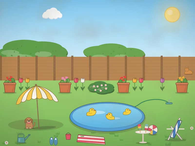 A sunny back garden with a blue paddling pool full of rubber ducks, a beach ball, a sprinkler, a striped deckchair with a towel, a parasol, a small table with ice lollies, a dog lying in the shade, sandals, a fence with flowers and a hedge.