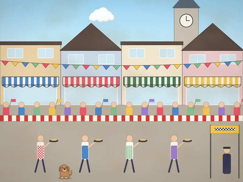 A high street on pancake day: runners in aprons with frying pans racing towards a finish banner, one pancake flipping in the air, crowds behind barriers with flags, shop fronts with awnings, a church clock, a judge with a stopwatch, bunting and a dog running alongside.