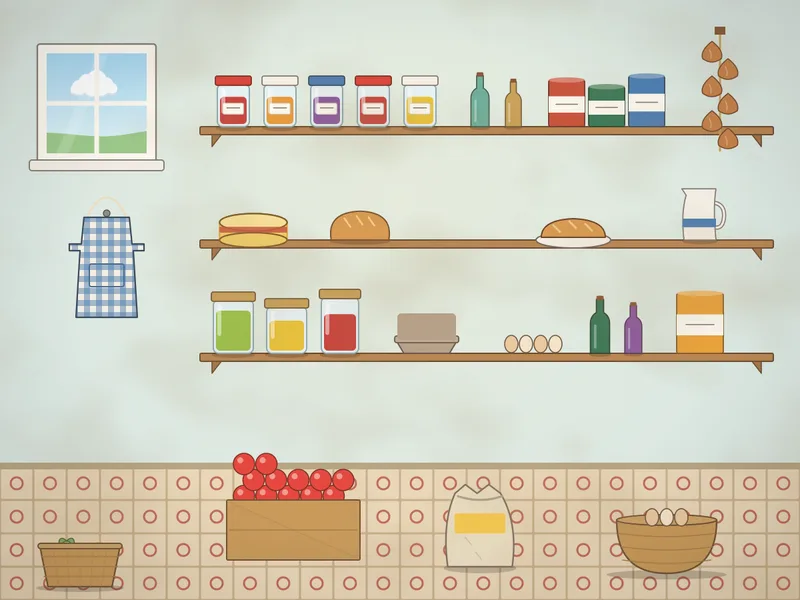 A country pantry with long wooden shelves of jam and pickle jars, tins, bottles, a cheese, a loaf of bread, a pie, a string of onions, a small window, an apron on a hook, a crate of apples, a sack of flour and a basket of eggs on a tiled floor.