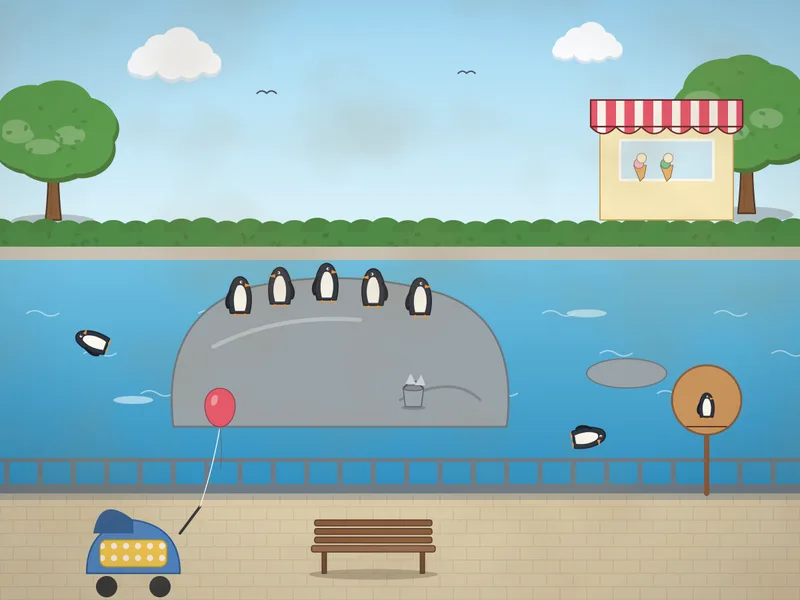 A zoo penguin pool: grey rocks with penguins standing, diving and swimming in clear blue water, a keeper’s bucket of fish, a wooden sign, a railing at the front with a pushchair and a balloon, a snack kiosk, trees and gulls.