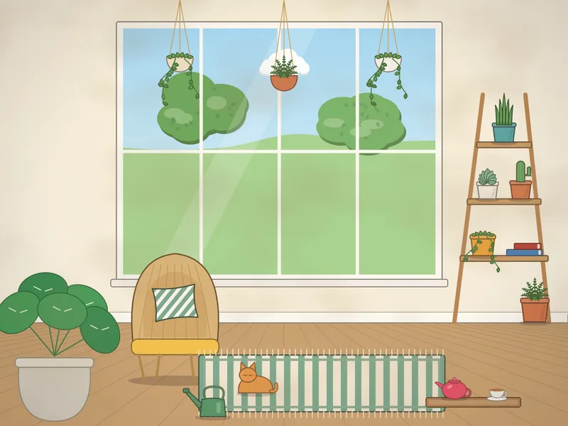 A sunny room with tall windows, a wicker peacock chair with a yellow cushion, hanging planters, a ladder shelf of houseplants, a big monstera, a watering can, a cat on a striped rug and a tray with a teapot.