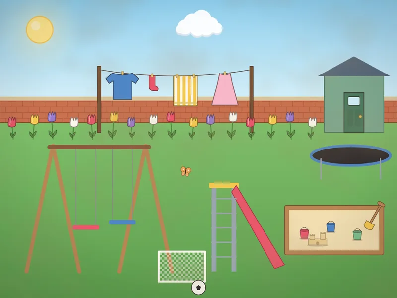 A sunny family garden: a wooden swing frame with two swings, a small slide, a sandpit with buckets and spades, a football, a little goal, a washing line, flower beds, a shed, a trampoline, a cat on the wall and a butterfly.