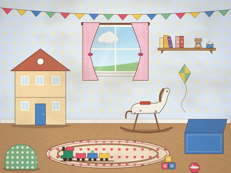 A playroom with starry wallpaper: a tall dolls’ house, a dapple rocking horse, a wooden train on a round rug, a toy box, a beanbag, building blocks, a drum on the shelf, a kite on the wall, a shelf of books and toys, a window with curtains and bunting across the wall.