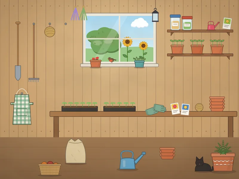 Inside a wooden potting shed: a window onto the garden, a shelf of pots and seedlings, garden tools on hooks, a workbench with seed trays and gloves, and a watering can on the floor.