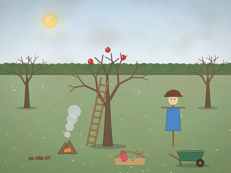 A small orchard in winter: bare apple trees with a few last apples, a wooden ladder against a tree, a trug with secateurs and gloves, bundles of twigs, a small smoking bonfire, a wheelbarrow, a robin, a scarecrow and a frosty field beyond the hedge.