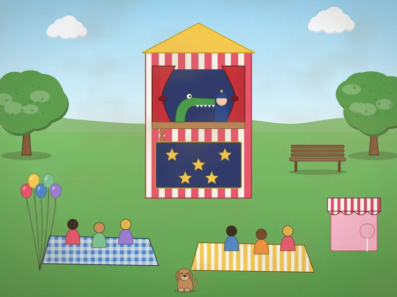 A striped puppet booth in a park with a little stage and curtains, a crocodile puppet and a puppet in a blue helmet, an audience of children sitting on rugs, a balloon seller, a candyfloss stand, trees, a bench and a pigeon.