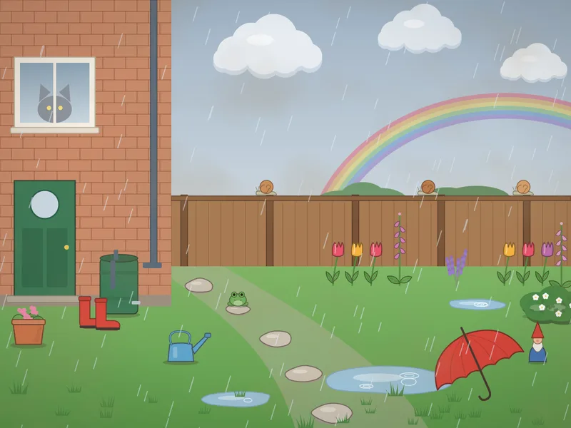 A back garden in the rain: a brick house with a green door, a cat watching from the window, wellies and a water butt, a stepping-stone path with puddles, an open red umbrella on the lawn, a frog, snails on the fence, bowing tulips and a faint rainbow.