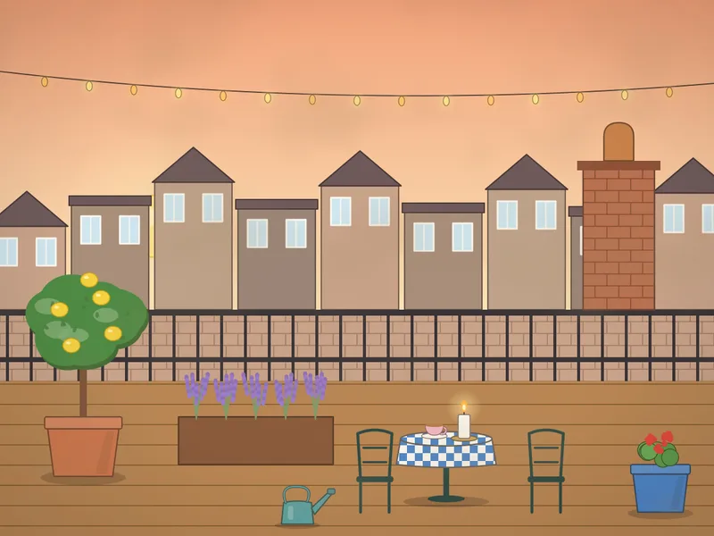 A small rooftop garden at sunset: terracotta pots and wooden planters of herbs and flowers, a little table with two chairs, string lights, a chimney pot, a watering can, a lemon tree in a pot, a pigeon on the railing and the roofs and chimneys of the town beyond.