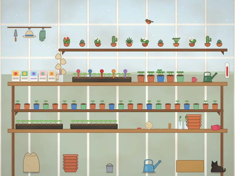 A greenhouse in late winter: long wooden benches crowded with seed trays and little pots of seedlings, plant labels, seed packets, a ball of string, pencils, a dibber, a watering can, stacked pots, hanging tools, frosty glass and a robin on the frame outside.