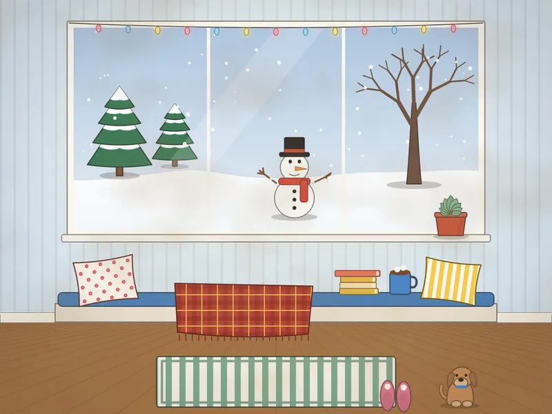A window seat on a snowy day: a big window onto a garden with a snowman and snowy trees, a seat with cushions and a blanket, a mug of cocoa, a stack of books, a sleeping dog on the floor, slippers, a plant on the sill and fairy lights along the frame.