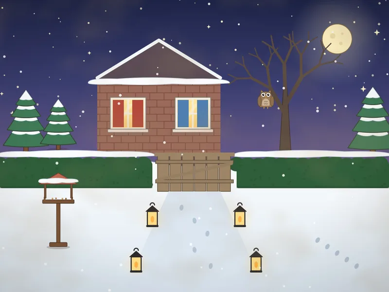 A garden at night after snowfall: a full moon and stars, a wooden gate in a snowy hedge, a path lit by lanterns, a cottage with glowing windows, snowy pine trees, a bird table, an owl in a bare tree and fox tracks in the snow.