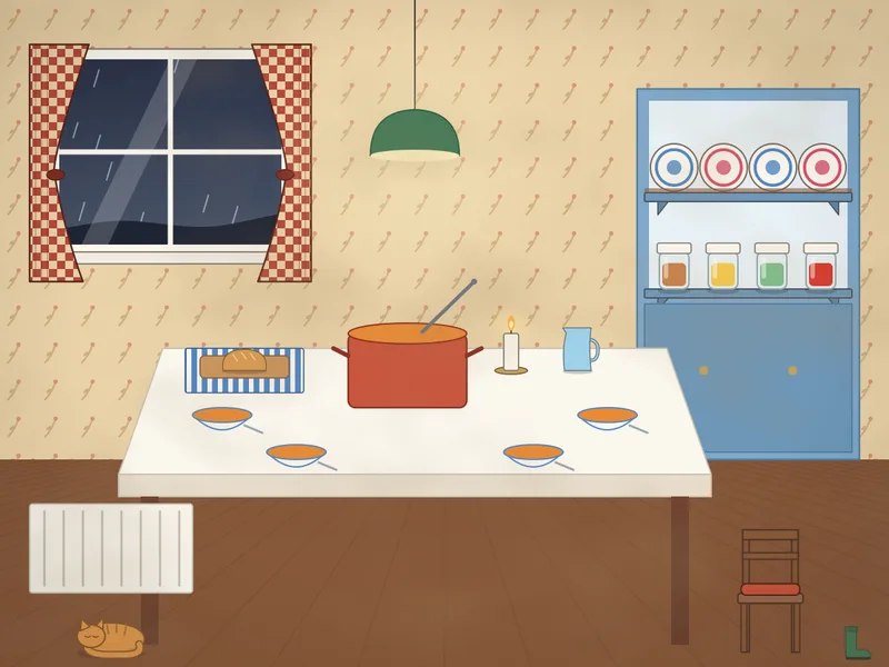A kitchen table in the evening: a big pot of soup with a ladle, bowls, a loaf of crusty bread on a board, a butter dish, spoons, a jug of water and glasses, a candle, a lamp over the table, a dark rainy window, an old dresser and a cat curled by the radiator.