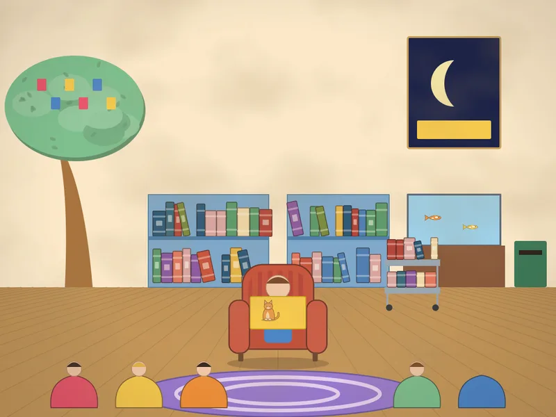 The children’s corner of a town library: a storyteller in a big chair holding up a picture book, children on beanbags and a rug, low shelves of picture books, a painted reading tree on the wall, a book trolley, a fish tank, a returns box and a poster of the moon.