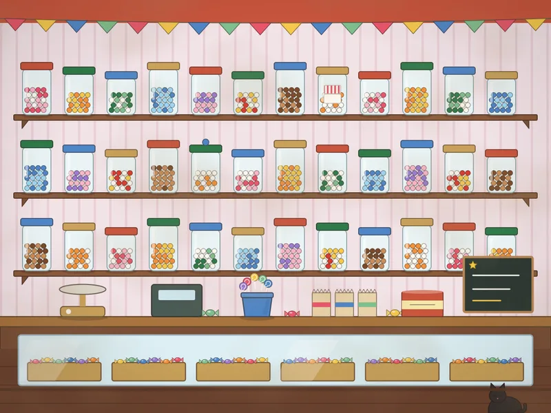 Inside an old sweet shop: three long shelves of glass jars full of coloured sweets, a counter with brass scales, a pot of swirly lollies, striped paper bags, a till, a tin of toffees, a chalkboard and bunting across the top.
