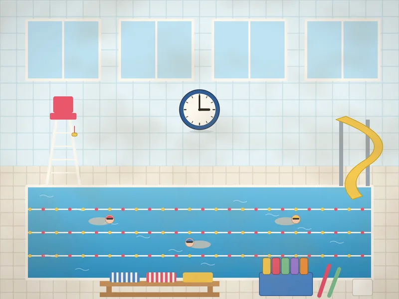 An indoor swimming pool with blue water and lane ropes, swimmers with goggles and caps, a curly slide into the shallow end, a lifeguard’s tall chair, a basket of floats and noodles, a big clock, tiled walls, big windows, benches with towels and a rubber ring floating.