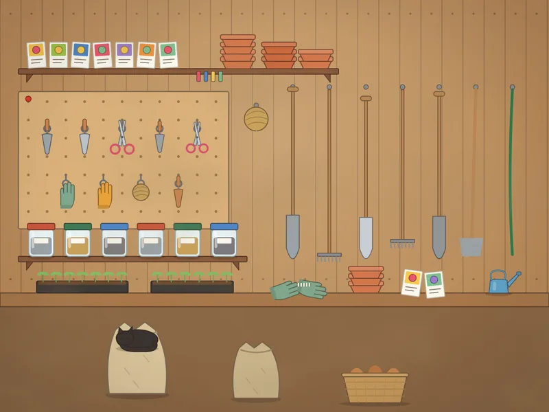 The inside wall of a garden shed covered in tools on hooks: spades, forks, rakes, trowels, shears, string, gloves, a pegboard of small tools, shelves of seed packets, jars of screws and labelled pots, a workbench with seed trays and a cat asleep on a sack.