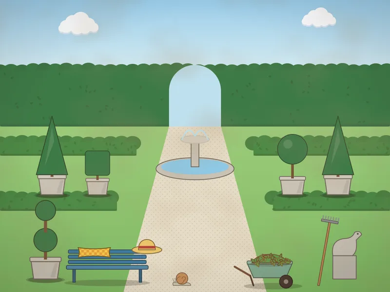 A formal garden: topiary shrubs clipped into balls, cones and cubes in stone pots, low box hedges, a gravel path to a round fountain, a bird statue, a blue bench, a wheelbarrow of clippings, a gardener’s hat and a big hedge with an arch.