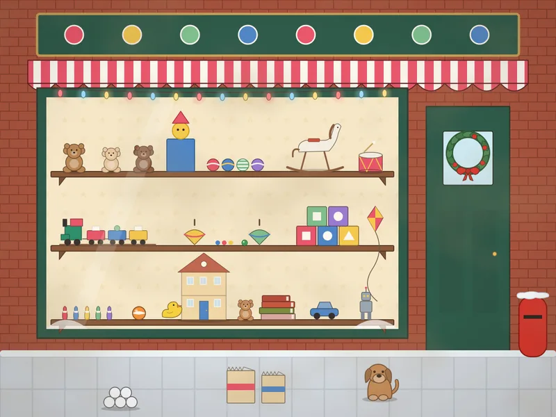 A toy shop front on a winter street: a big window with three shelves of toys (teddies, dolls, a train, skittles, spinning tops, building blocks, balls, a jack-in-the-box, a rocking horse and kites), a striped awning, a door with a wreath, lights around the window, snow on the pavement, a postbox, a dog and shopping bags.