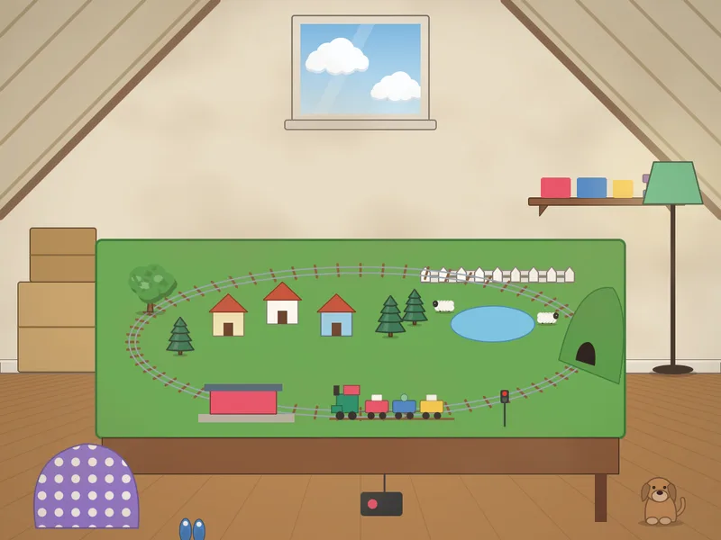 An attic room under a sloping roof with a skylight: a big green board with an oval toy railway, a train with carriages, little houses, trees, a tunnel through a hill, a station and a pond with toy sheep, plus a beanbag, stacked boxes, a lamp and a dog watching the train.