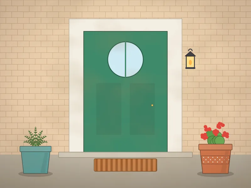 A green front door with a round window, a lantern, a doormat and a big pot of flowers on a sunny step.