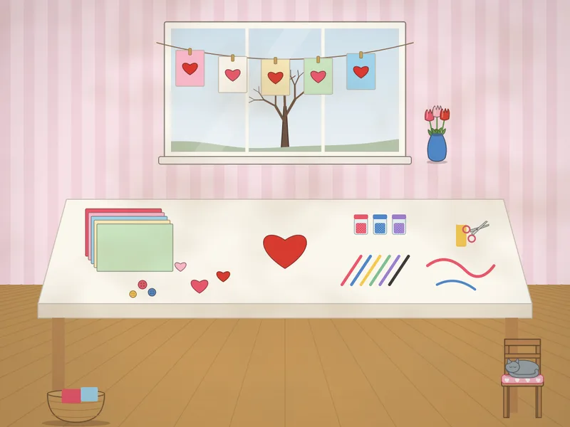 A table covered in card-making things: paper hearts in pink and red, pots of glitter, a glue stick, ribbons, buttons, felt pens, scissors, a stack of coloured card, finished cards pegged on a string across the window, a vase of tulips and a cat asleep on a chair.