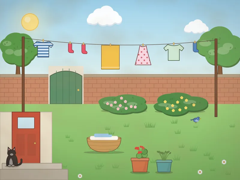 A back garden with a washing line strung between two posts holding shirts, socks, a towel and a dress, a laundry basket on the grass, a brick wall with a gate, flower pots and a cat on the back step.